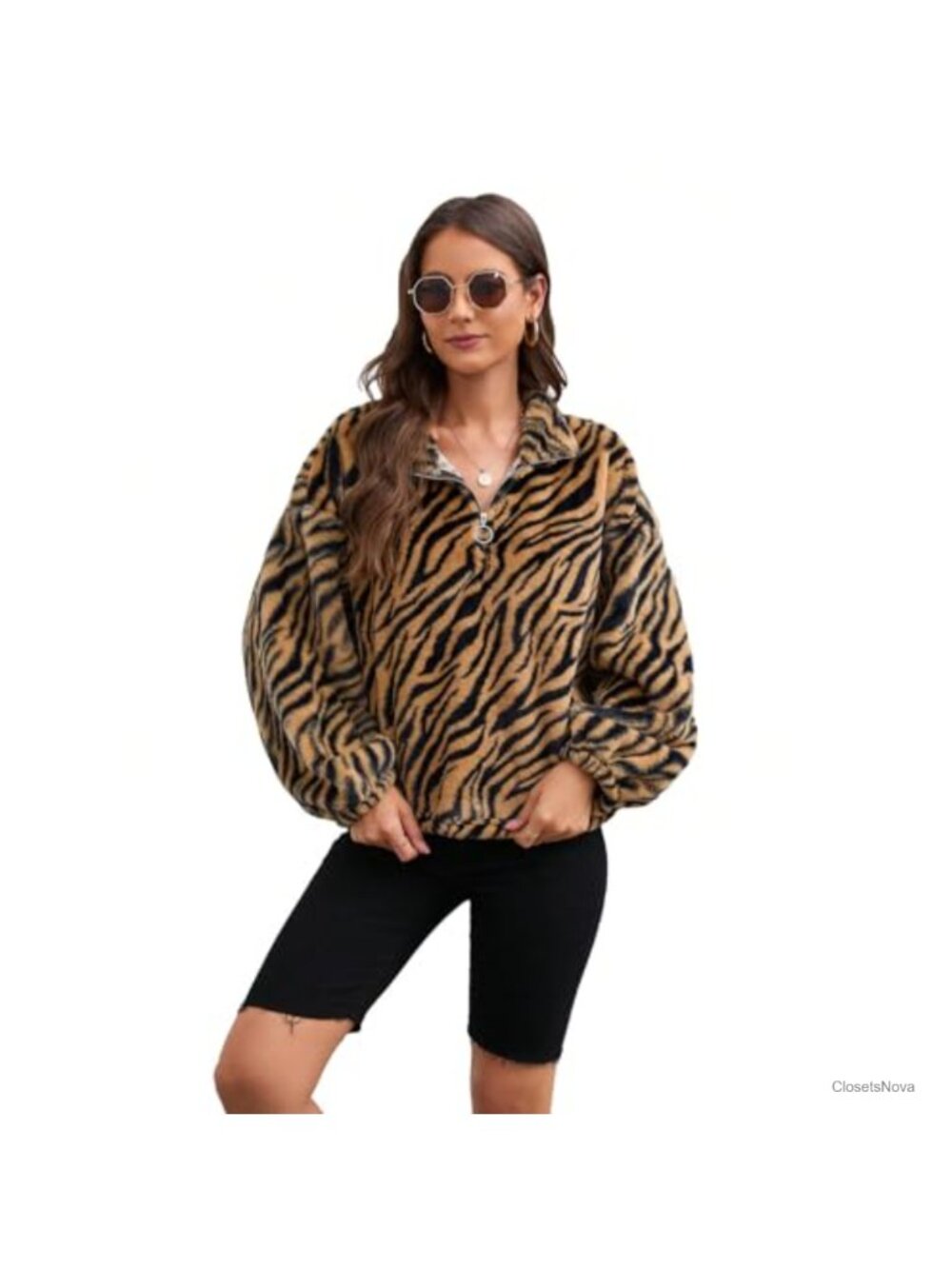Oversized Half Zip Zebra Striped Drop Shoulder Sweatshirt Pullover